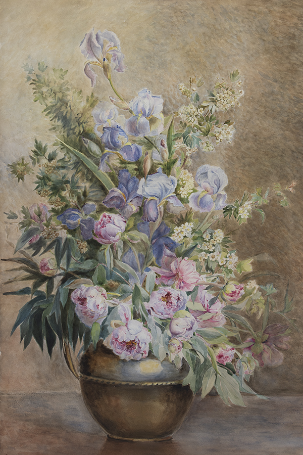 水彩画 Iris, pivoines & oranger